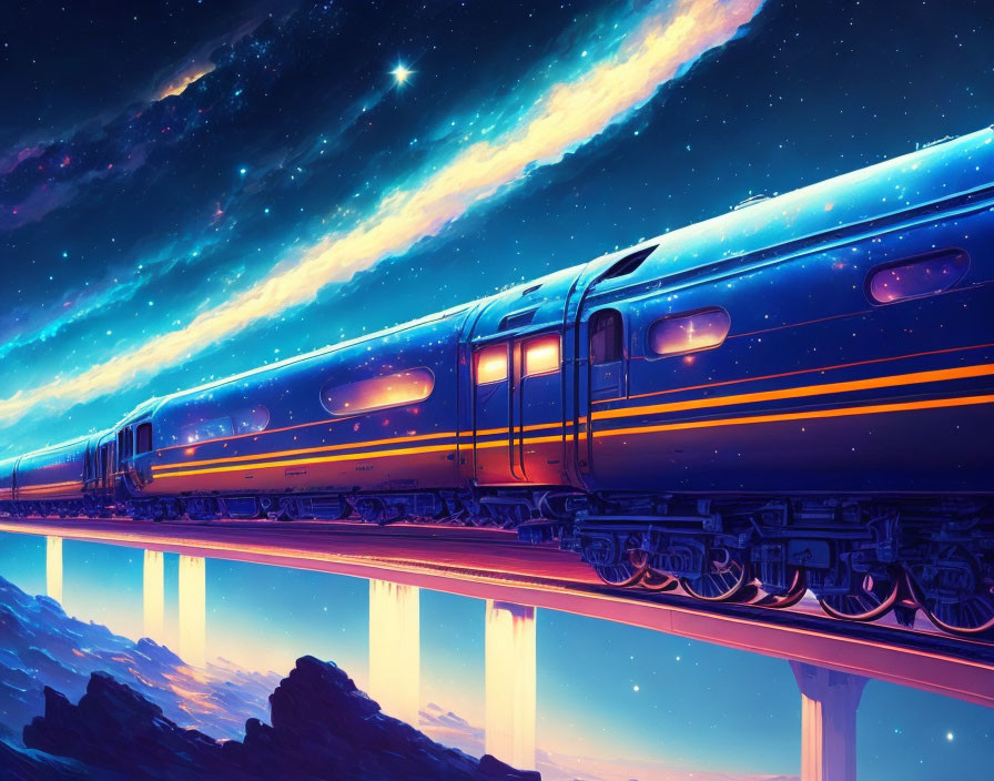 Futuristic train on suspended track under vibrant night sky