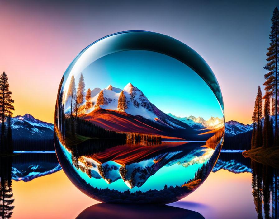 Crystal ball showing sunrise over mountain landscape with mirrored trees on lake