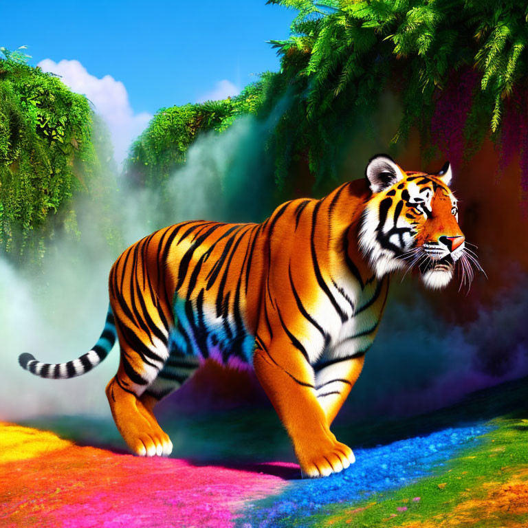 Colorful tiger walking with rainbow mist and hues.