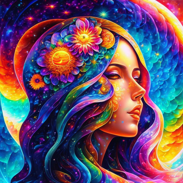 Colorful Psychedelic Portrait of Woman with Floral Patterns and Starry Sky