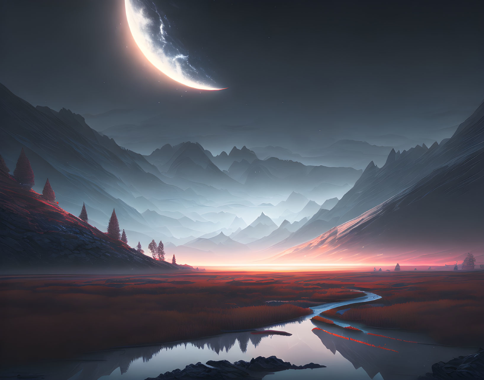 Nighttime landscape with crescent moon over valley, river, mountains, and red flora.