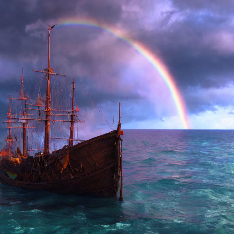 Wooden sailing ship in turquoise sea with dramatic sky and vivid rainbow.