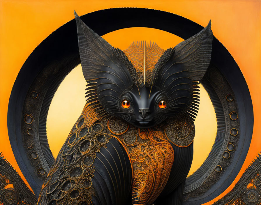 Surreal stylized image: Ornate black cat with vibrant orange eyes on orange concentric circles