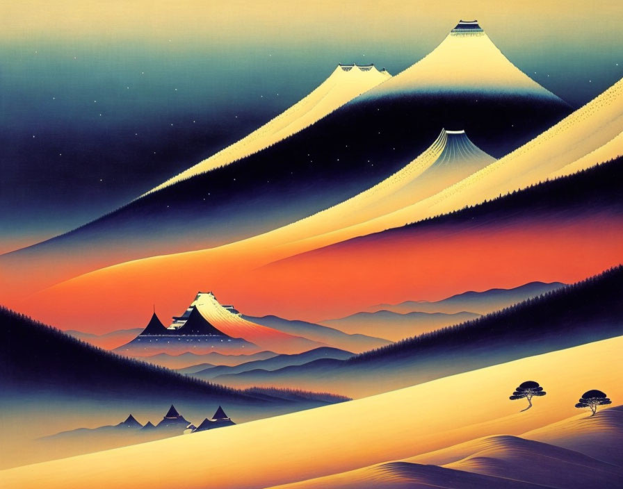 Stylized landscape featuring snow-capped mountains, amber sand dunes, starry twilight sky,