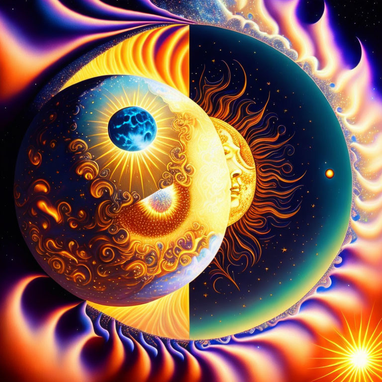 Colorful Yin-Yang Symbol with Celestial Elements on Cosmic Background