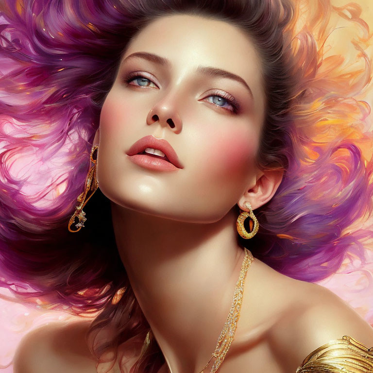 Vivid purple hair woman digital artwork with blue eyes