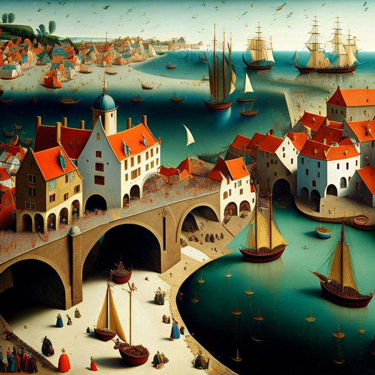 Detailed painting of old port town with sailing ships and stone bridges