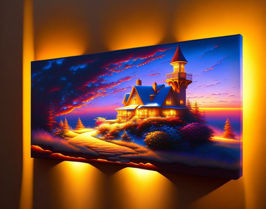 Whimsical house with tower at sunset on canvas print