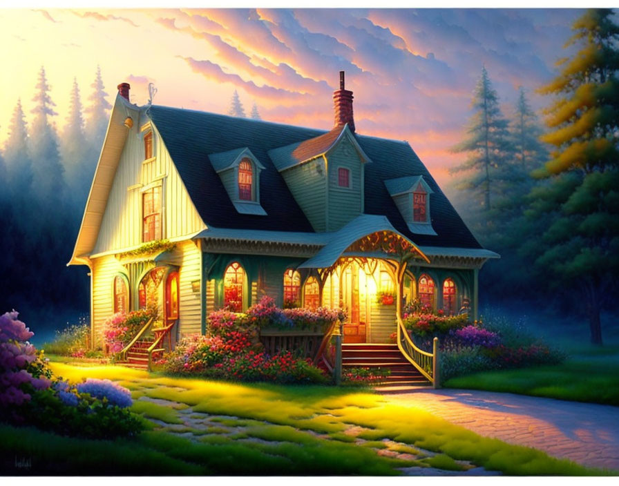 Cozy Cottage Surrounded by Greenery and Flowers at Twilight