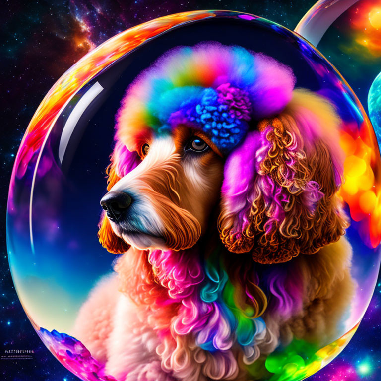 Colorful Poodle with Rainbow Fur in Translucent Bubble on Cosmic Background