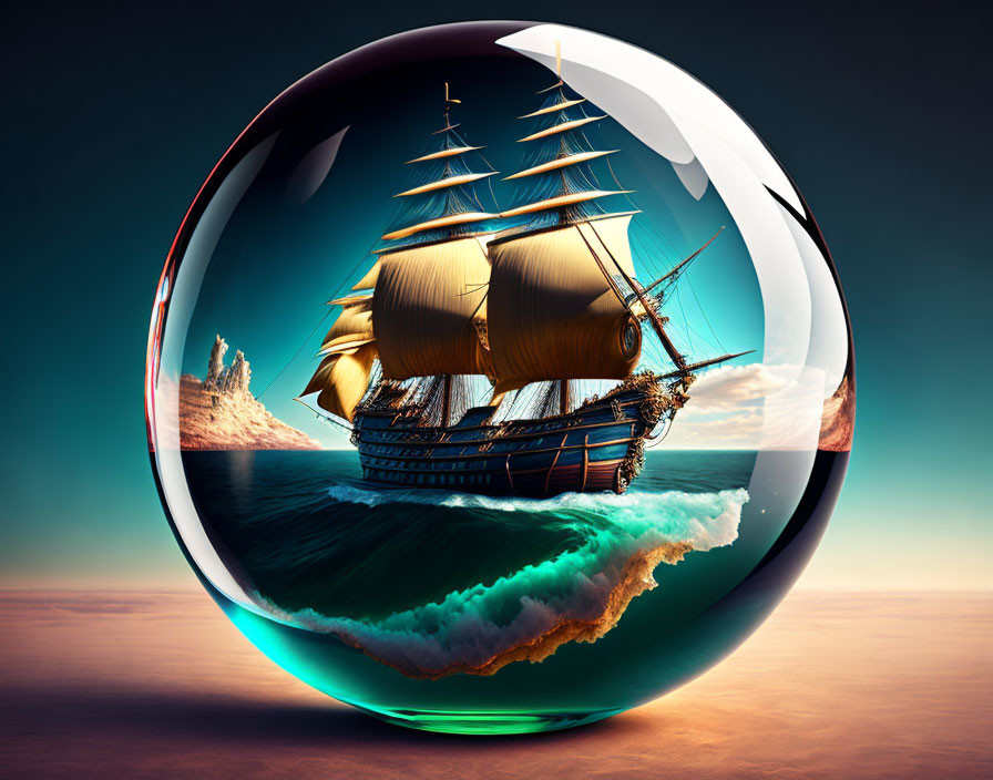 Tall ship sailing in reflective sphere on stormy seas