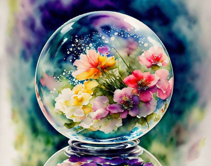 Vivid Watercolor Flowers in Crystal Ball with Blurred Floral Background