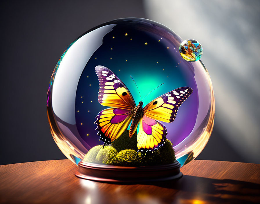 Colorful Butterfly Encased in Celestial Sphere on Wooden Base