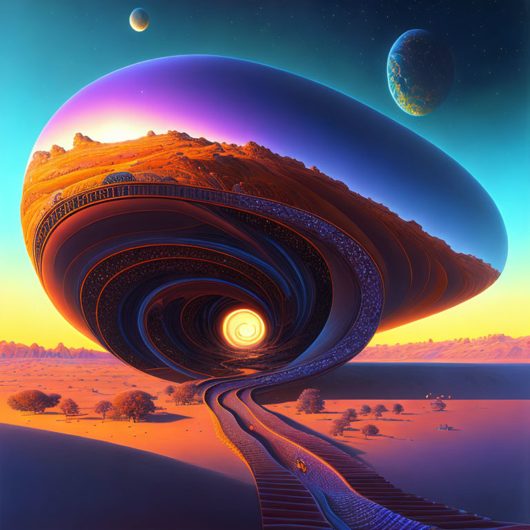 Surreal landscape with spiral structure, starry sky, planets, and desert ground