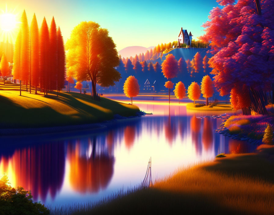 Colorful autumn sunset over calm lake with rolling hills and houses