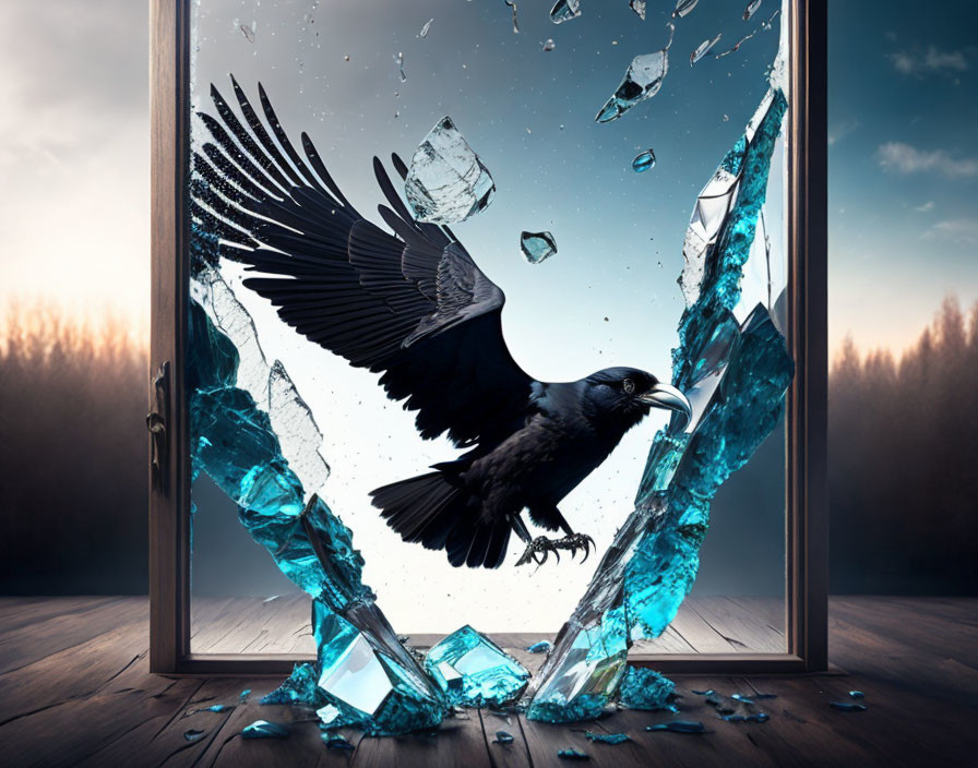 Black bird flies through shattered glass window at twilight