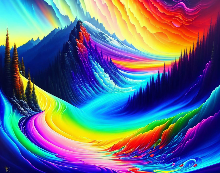 Colorful, surreal landscape with wavy patterns, mountains, trees, and river flow