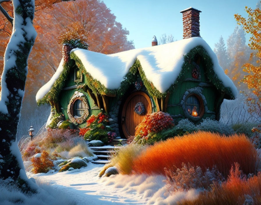 Snow-covered roof cottage in autumn forest sunrise