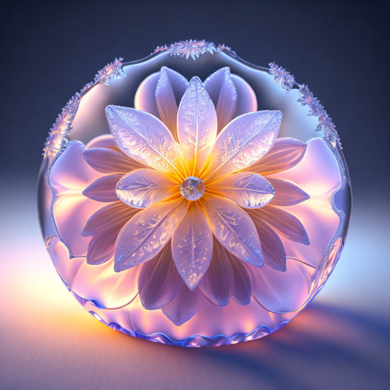 Detailed 3D rendering of spherical crystal with lotus flower design, glowing purple and orange