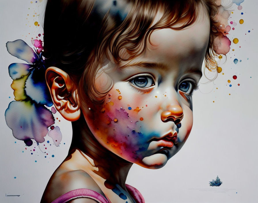 Hyper-realistic toddler portrait with colorful watercolor splashes