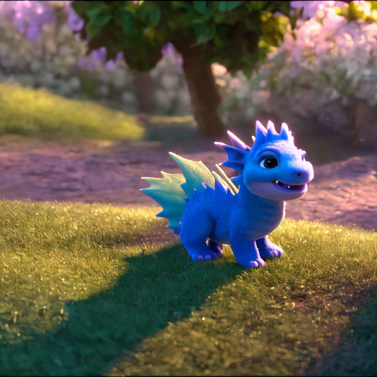 Blue cartoon dragon with green eyes in a garden with purple flowers