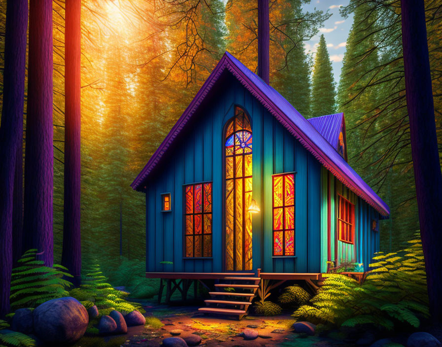 Blue cabin with stained-glass windows in lush forest under warm sunlight