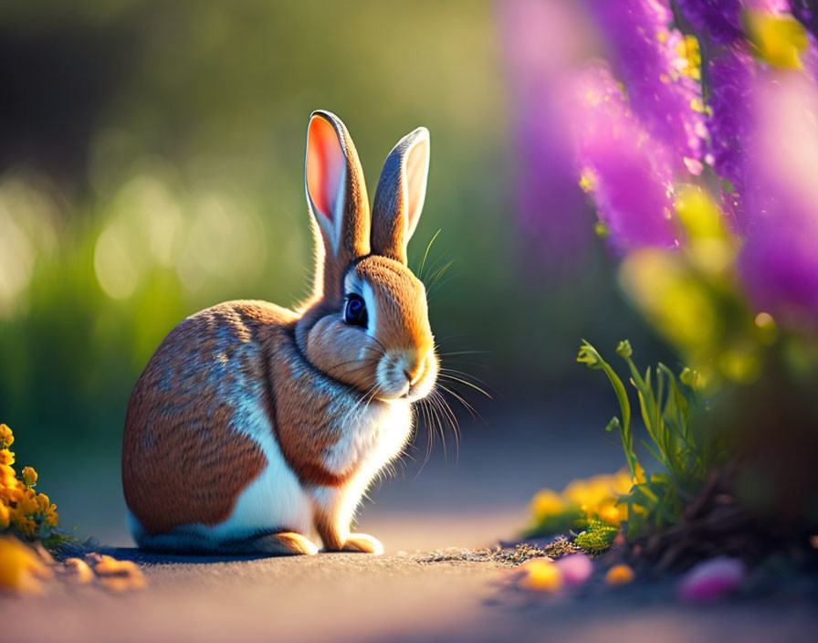 Brown and White Rabbit Surrounded by Purple and Yellow Flowers