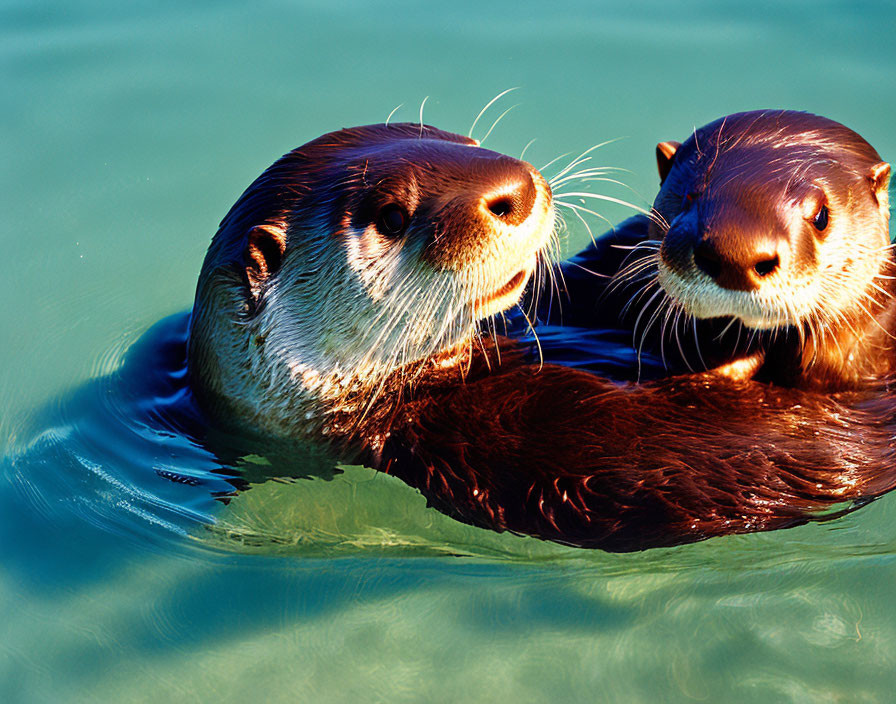 Two Otters Floating Together in Clear Blue Water