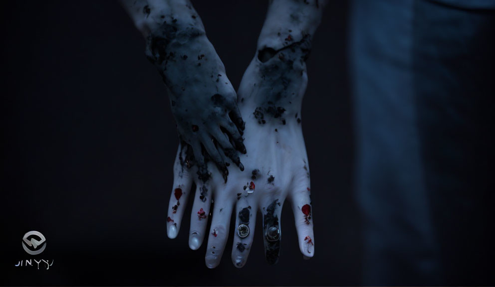 Pale hands with dark veins and blood spots adorned with silver rings on a dark backdrop.