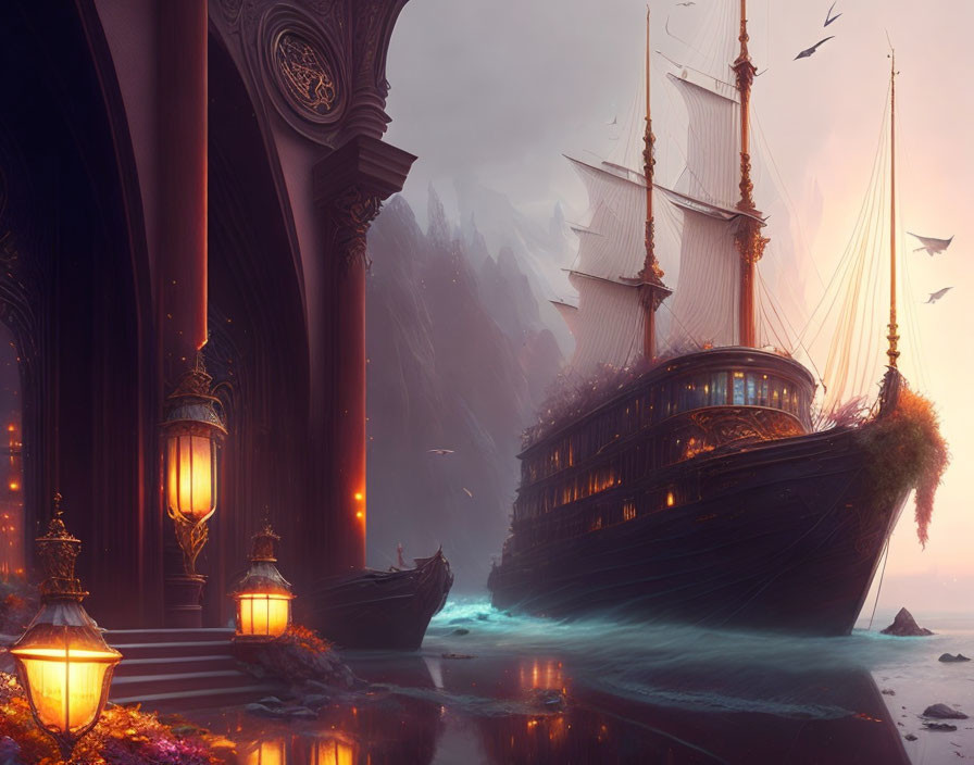 Majestic ship at fantastical harbor with mountains and birds