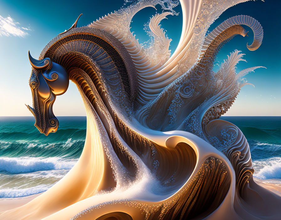 Fractal-based surreal image of ornate wave with mythical creature patterns