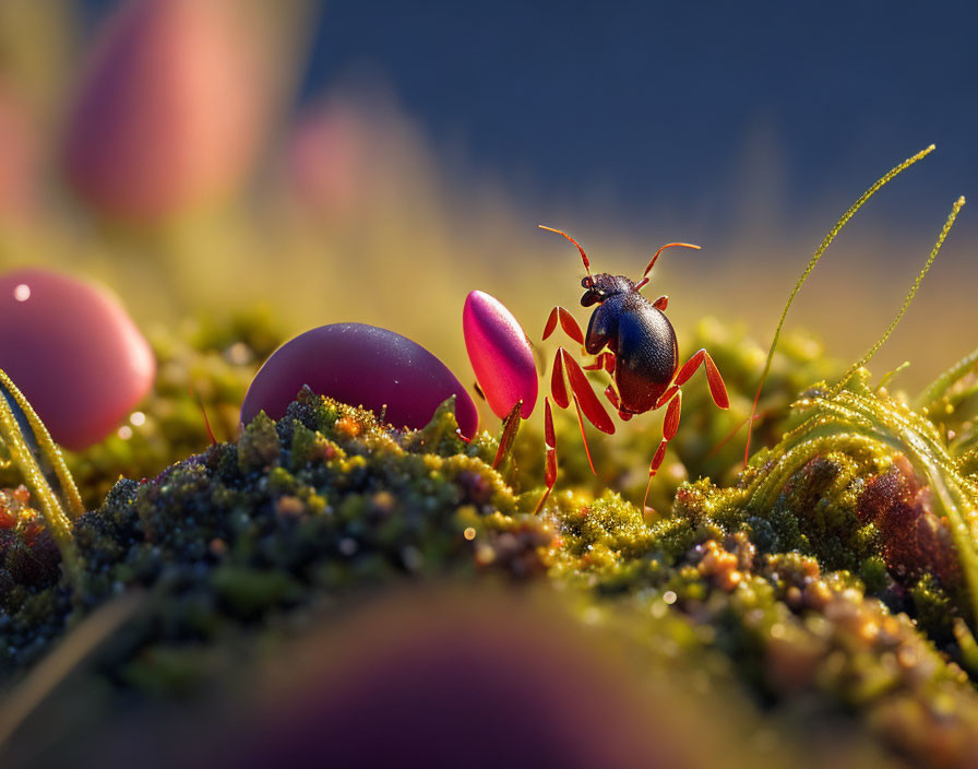 Macro photograph of ant in vibrant mossy landscape with dewdrops under twilight.