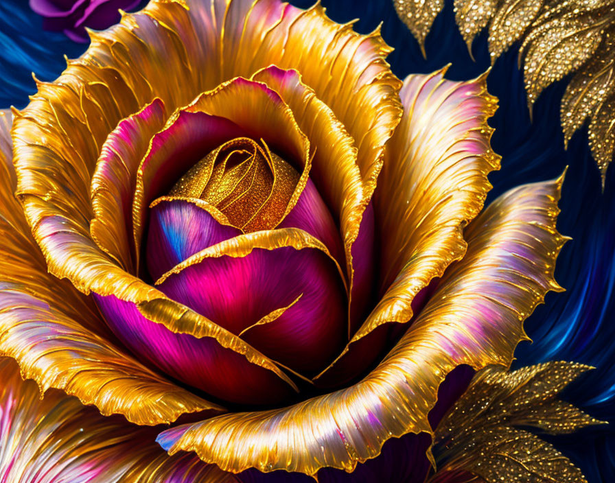 Colorful Artistic Image: Rose with Gold Edges in Blue and Violet Swirls