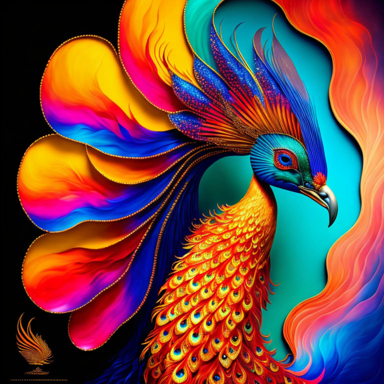 Colorful digital artwork: Peacock with radiant blue, orange, and yellow tail on dark background