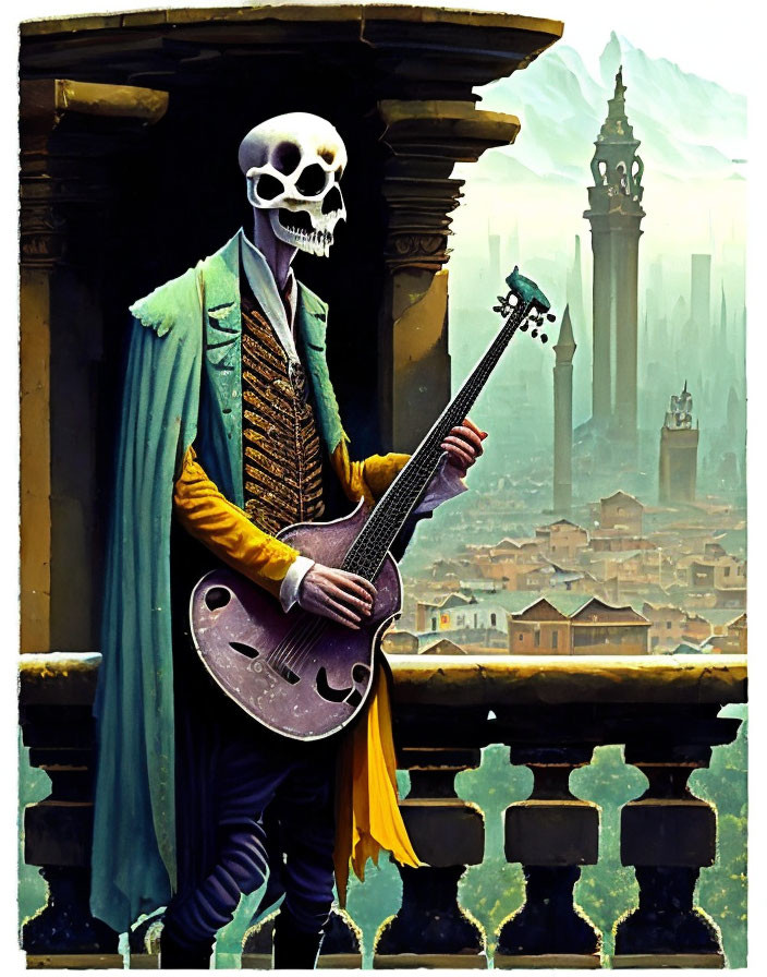 Skeleton character in colorful attire playing lute against cityscape