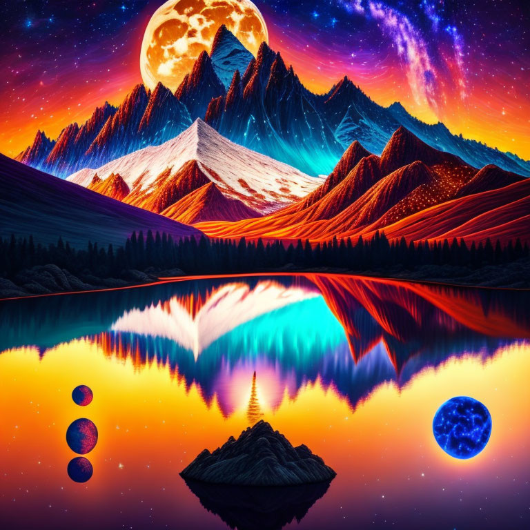 Digital artwork of surreal landscape with mountains, moon, stars, lake, and planets