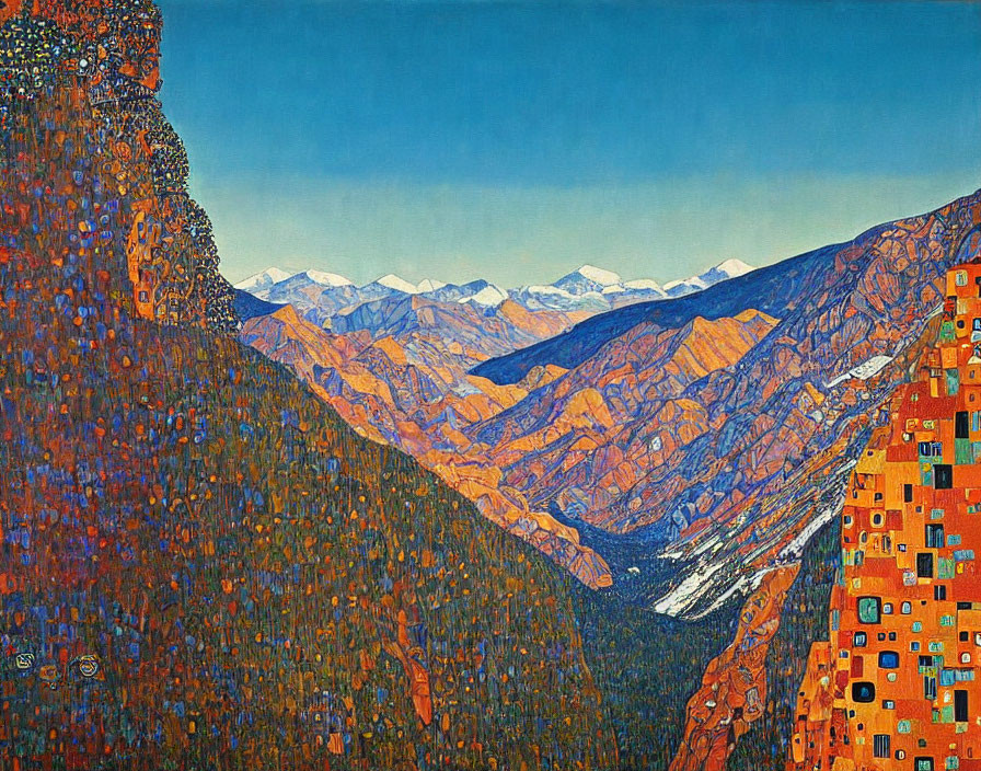 Vibrant Pointillist Landscape Painting of Blue and Orange Mountains