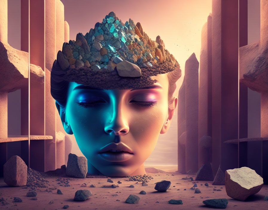 Surreal portrait of person with blue-tinted skin and crystal crown in desert setting