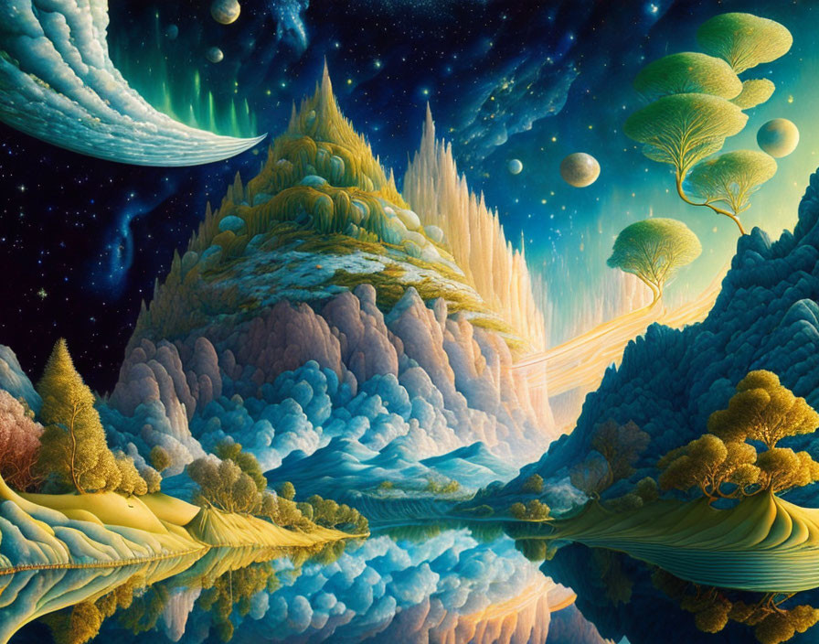 Golden mountains, trees, and celestial reflections in surreal landscape