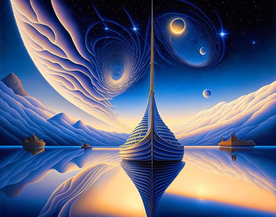 Surreal landscape with reflective water, boats, towering structure, and night sky with galaxies.