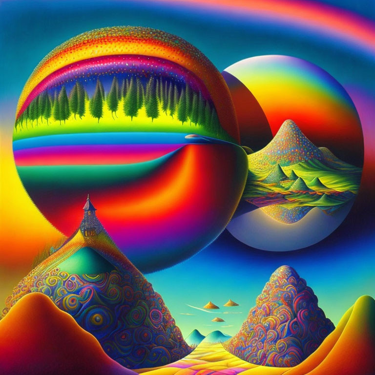 Colorful surreal landscape with rainbow sky, mirrored spheres, forest reflection, castle, and sailboats.