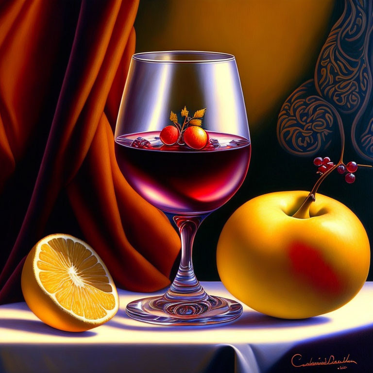 Still life painting with red wine, orange, and apple on table.