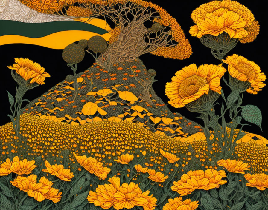 Stylized landscape artwork with yellow and orange flowers on dark background