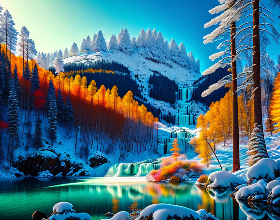 Scenic winter landscape with frozen waterfall and snow-covered rocks