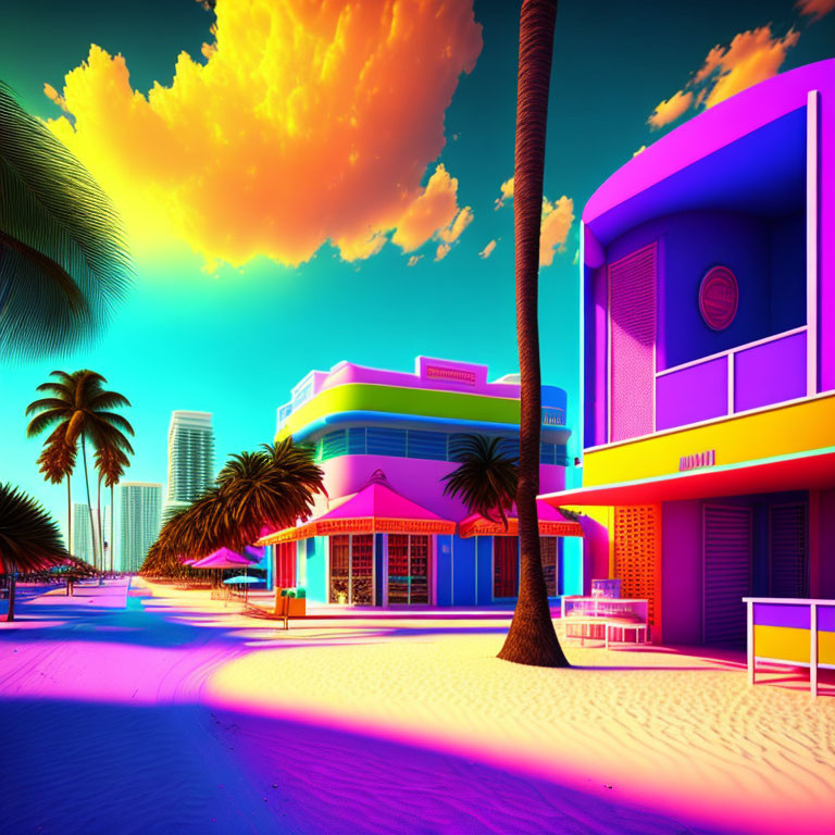 Neon-colored tropical street scene with palm trees and retro buildings