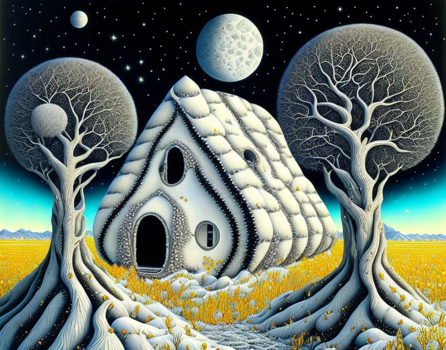 Surreal snowy cottage with leafless trees under two moons