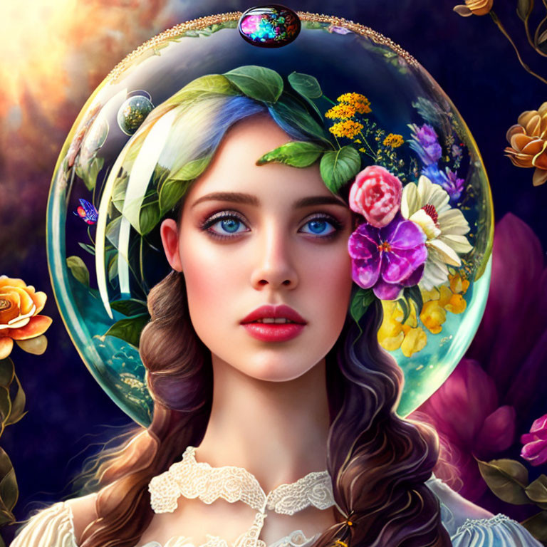 Portrait of woman with blue hair, glass dome headpiece, flowers, butterfly, and floral background.