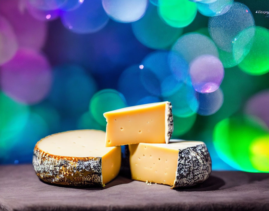 Cheese wheels and wedges with rind on surface under colorful festive lights