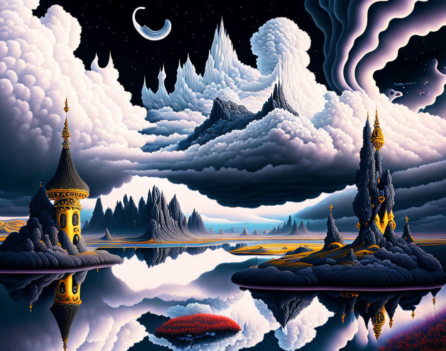 Surreal landscape with ornate towers on floating islands, dramatic clouds, mountains, crescent moon