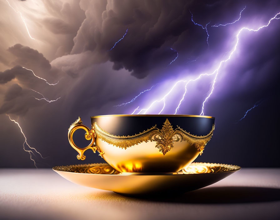 Golden Cup and Saucer on Stormy Background with Lightning